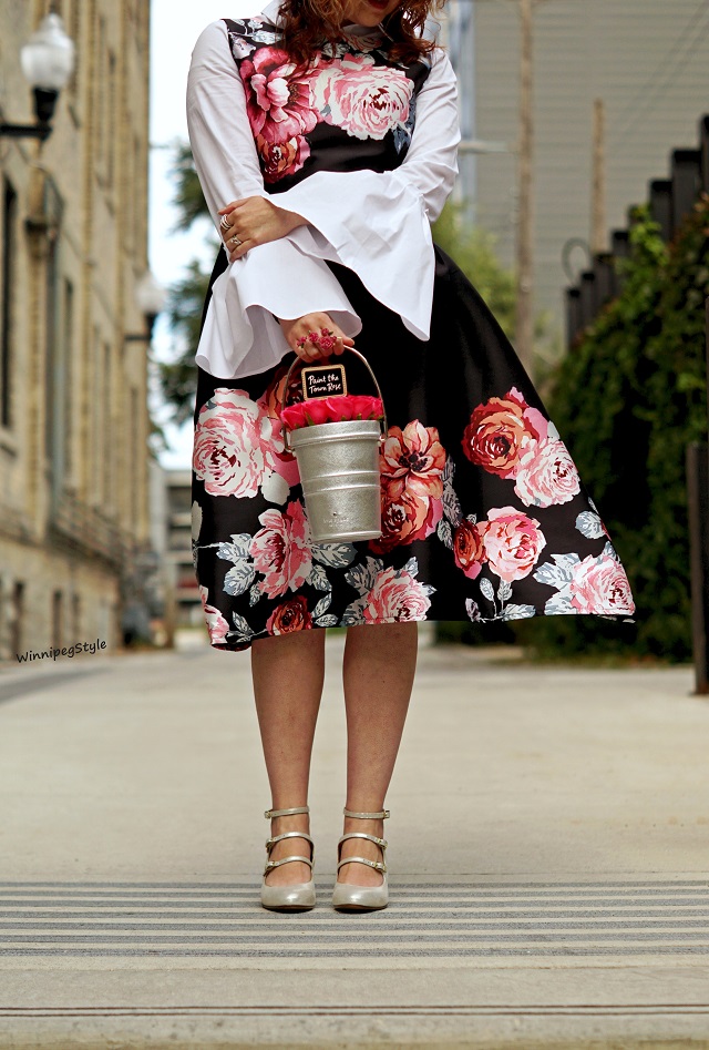 Winnipeg Style Canadian Fashion blog, Chie Mihara Fall Winter 2017 2018 collection Flawless silver buckle heels shoes, Chicwish fall floral flower print midi classic modest dress, Kate Spade rose bucket leather handbag purse, Como Black white cotton blouse bell sleeve layered, inspiration